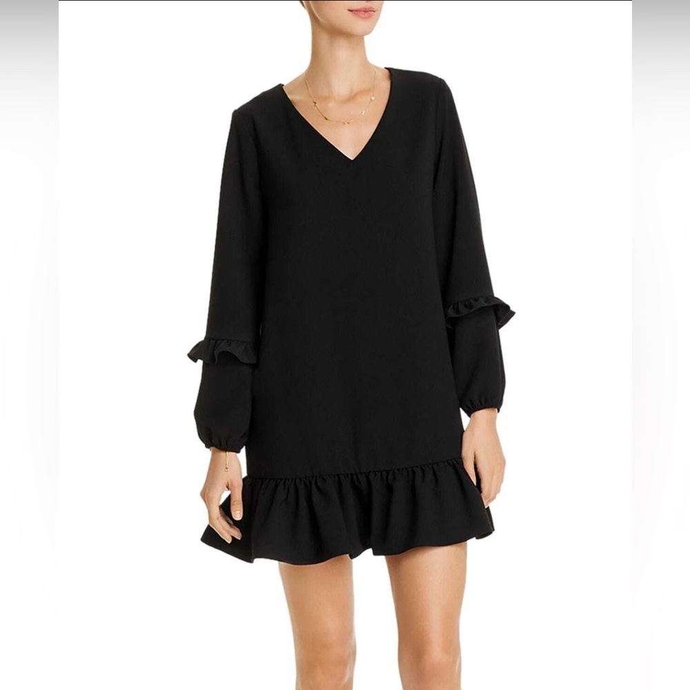 Aqua Black Ruffled Long Sleeve V-Neck CLASSIC Shift Dress Size Small